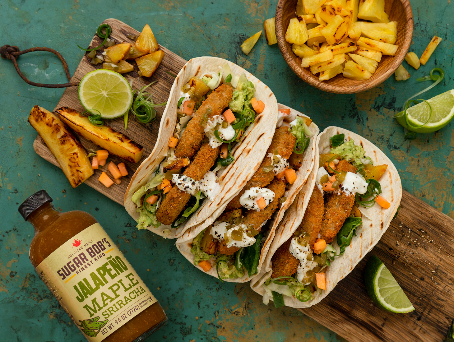 Fish Tacos with Jalapeno Maple Sriracha