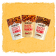 Sugar Bob Maple nuts set: apple pie Maple almonds, maple sriracha cashews, maple spiced pecans on a yellow textured background 