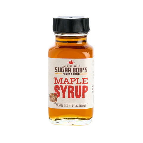 Bottle of Sugar Bob's Maple Syrup on a white background