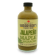Bottle of Jalapeno Maple Sriracha hot sauce with a label showing the product name and the brand 'Sugar Bob's Finest Kind'.