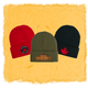Sugar Bob's Finest Kind - Beanie red, olive, and black on a yellow textured background