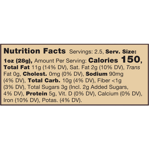 Nutrition facts label for a food product.