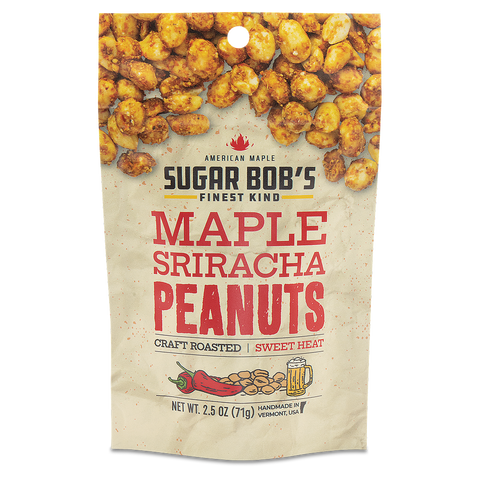 A package of Sugar Bob's Maple Sriracha Peanuts with visible roasted peanuts and the product name displayed on the front.