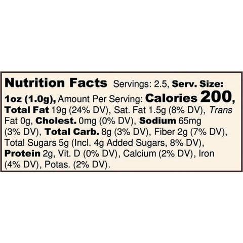 Nutrition facts label for a food product.
