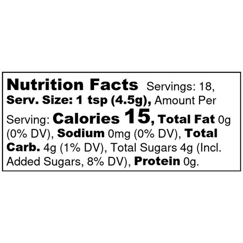 Nutrition facts label for a product with 15 calories per serving.