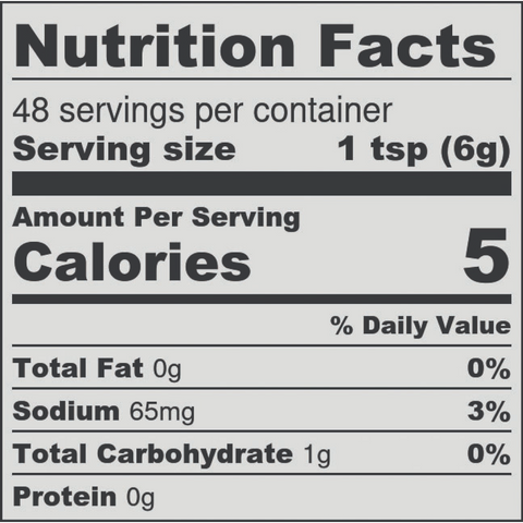 Nutrition facts label for a product with serving size of 1 tsp and 48 servings per container.