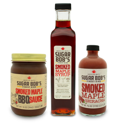 Order Sugar Bob's Smoked Maple BBQ Sauce, Smoked Maple Syrup, and Smoked Maple Sriracha hot sauce as a gift pack.