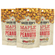 Three packages of Sugar Bob's Maple Sriracha Peanuts on a white background.
