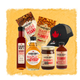 Collection of Sugar Bob's maple syrup, snacks, and sauces as a gift set on a yellow textured background