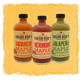 Three bottles of Sugar Bob's Maple Sriracha on a textured yellow background