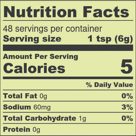 Nutrition facts label for a product with serving size of 1 tsp and 48 servings per container.
