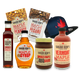 Collection of Sugar Bob's maple products including syrup, sauce, and snacks on a white background.