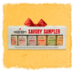 Savory Sampler box with travel size sauces on a textured yellow background